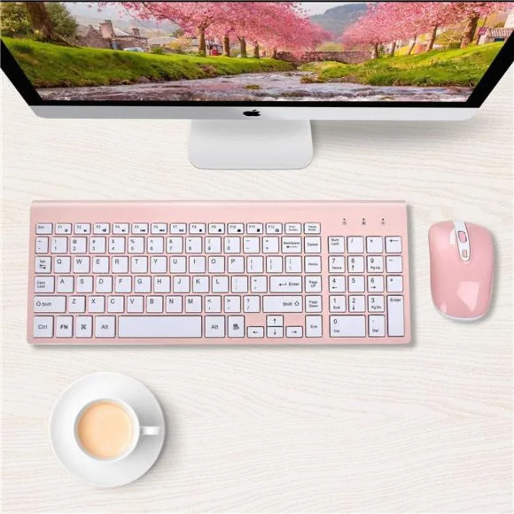 Pink Wireless Keyboard and Mouse Combo, cimetech Compact Full Size Pink Wireless